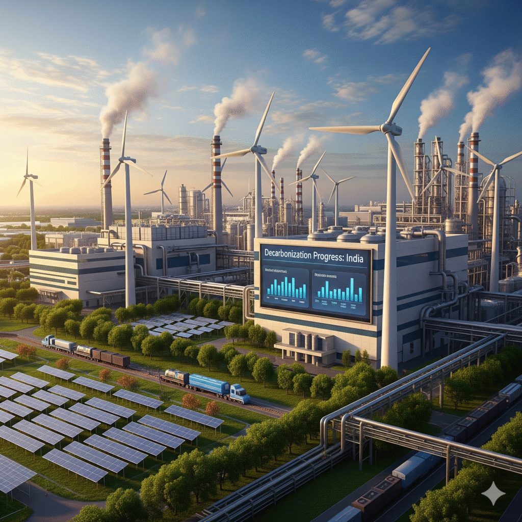 A futuristic depiction of industrial decarbonization in India, showing a clean industrial complex powered by wind and solar energy, with electric vehicles and carbon capture technology, all under a clear sky at sunset